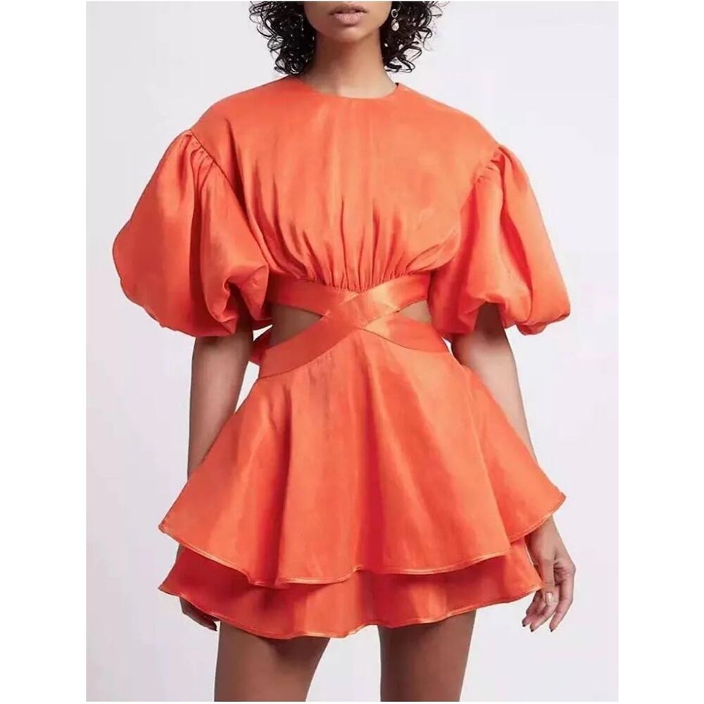 Aje Gracious Cut-Out Mini Dress Raw Cut Hem Voluminous Sleeves Women's Sz 6